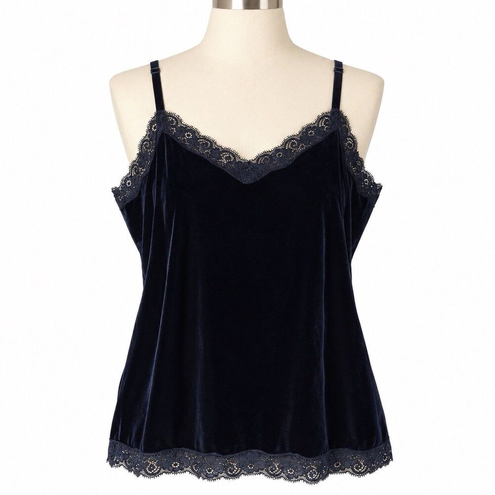 Coldwater Creek Velvet Camisole Top L 14-16 Black Lace Trim Sleeveless